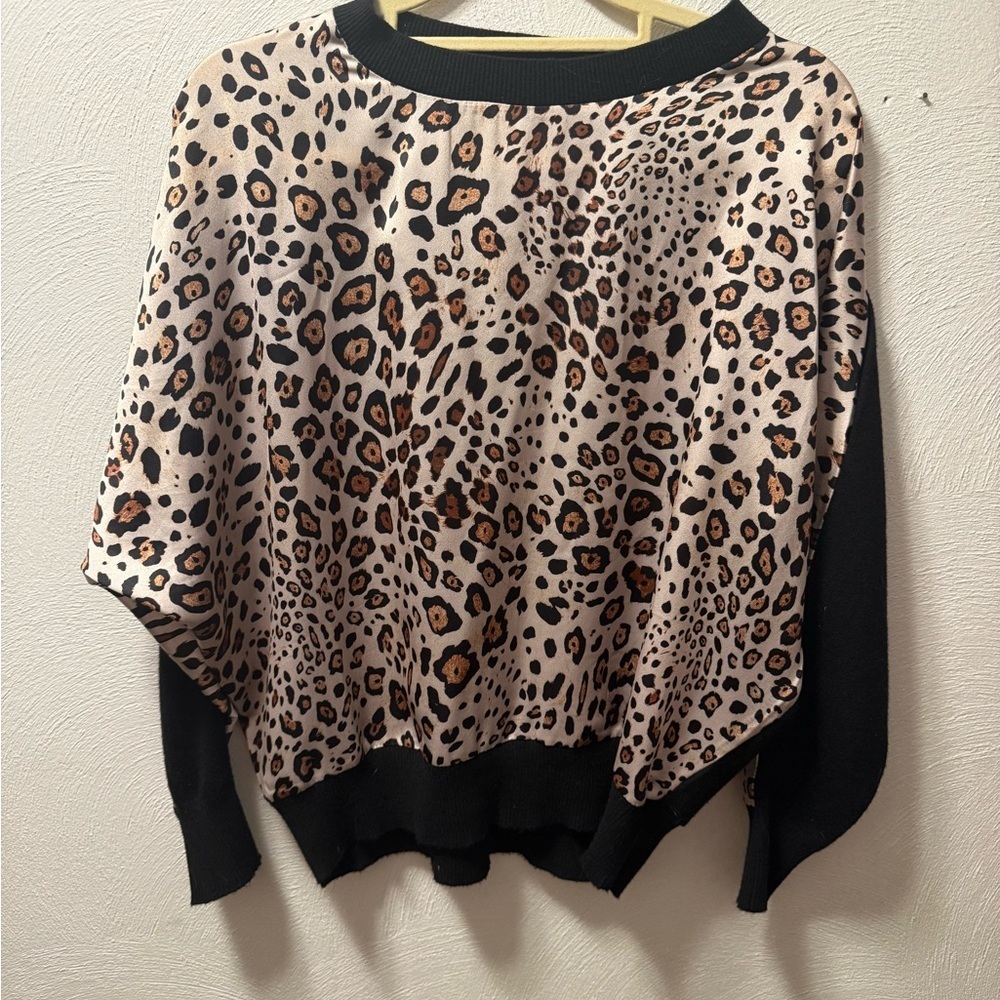 Sioni Leopard Print Dolman Sweater Top M Black Brown Animal Print Knit Blouse - Picture 2 of 6